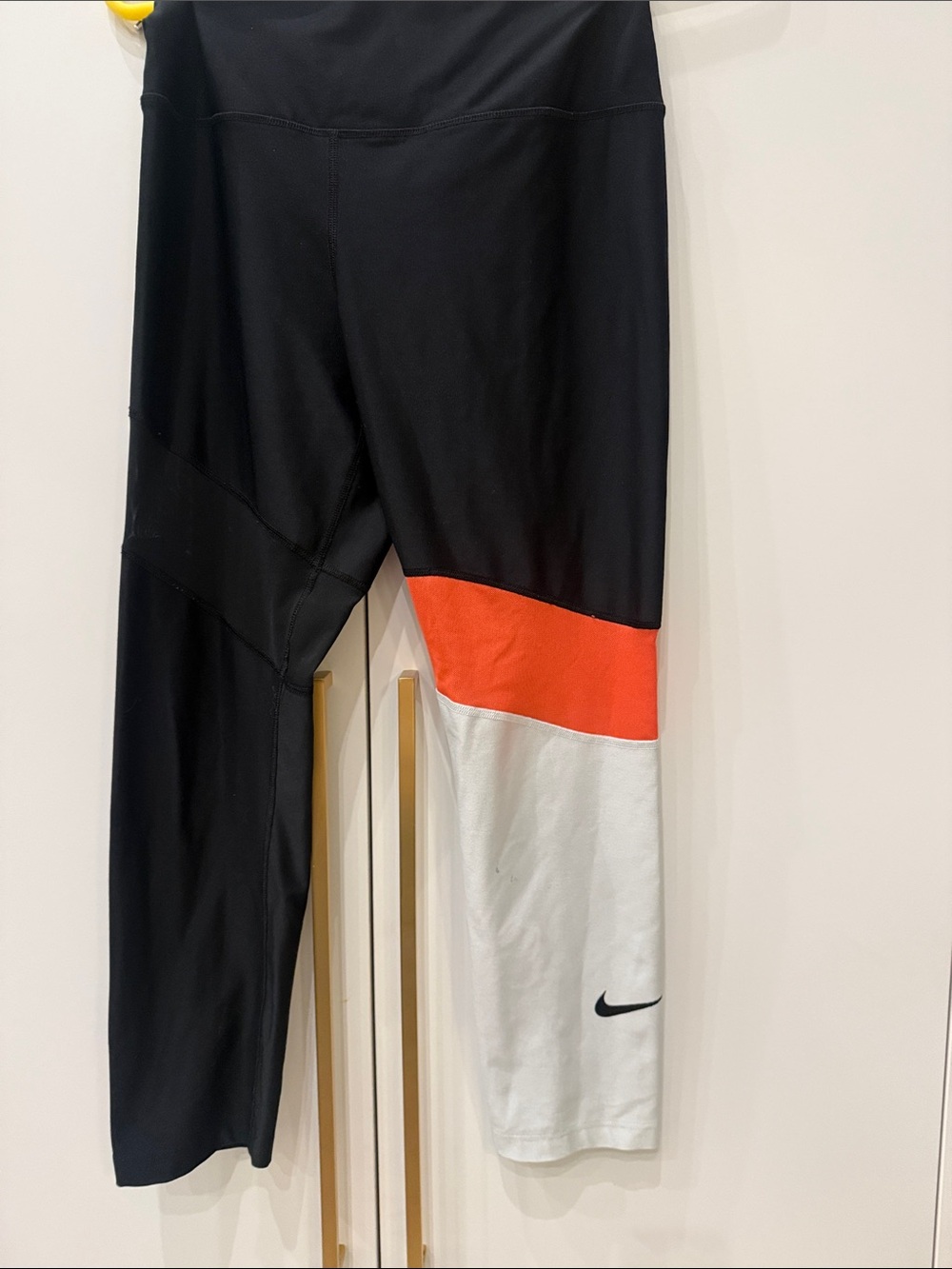 Nike Women’s Black Colorblock Leggings with Orange and White Panels